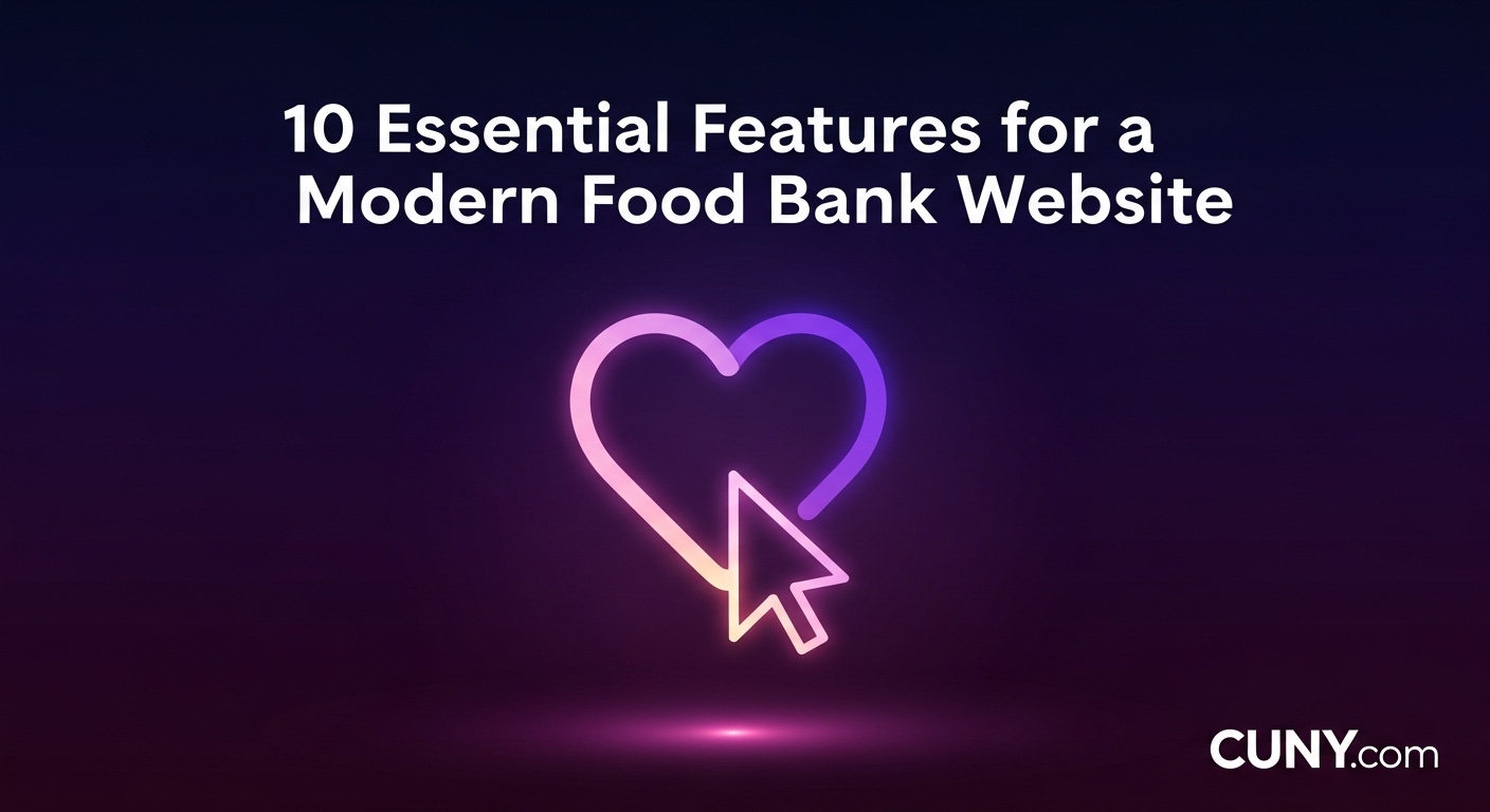 A guide to the 10 essential features for a modern food bank website, showing a heart icon filled with food items.