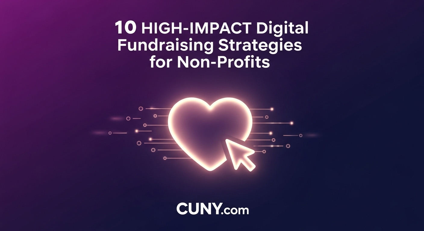 A guide to 10 high-impact digital fundraising strategies for non-profits, showing various marketing icons pointing to a donation symbol.