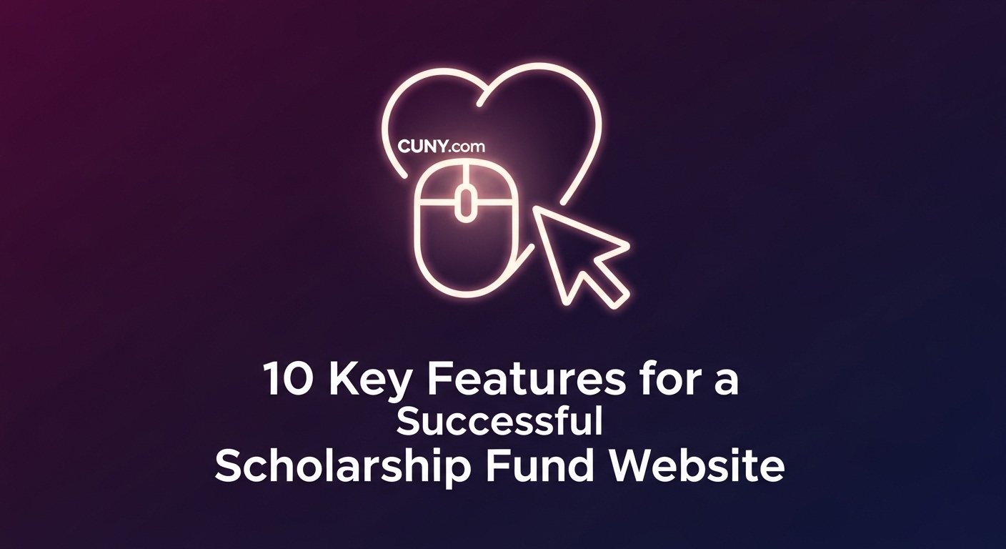 A guide to the 10 key features for a successful scholarship fund website, showing a glowing heart icon with a mouse and cursor inside.