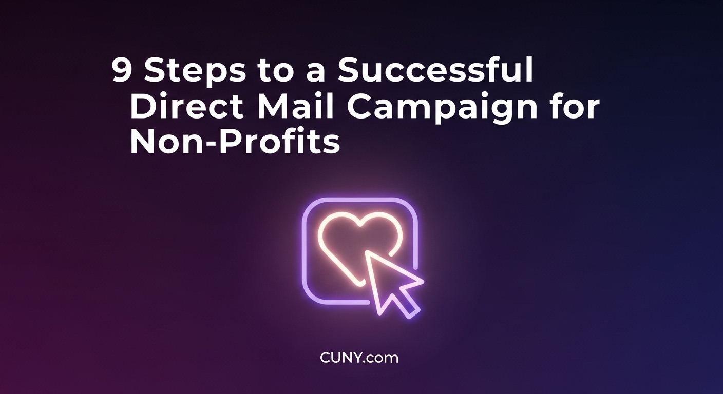 A guide to a successful direct mail campaign for non-profits, showing a glowing heart and cursor icon.