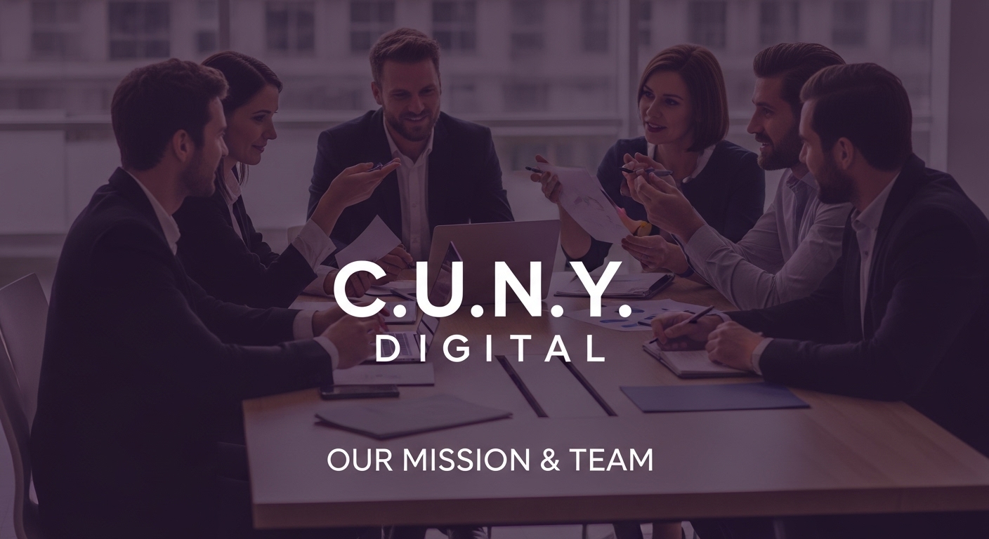 A professional and inviting image representing the C.U.N.Y. Digital team and mission. The graphic shows a diverse group of creative professionals collaborating in a modern office setting, symbolizing teamwork, dedication, and a shared purpose. The image is overlaid with a subtle dark purple gradient that perfectly matches the C.U.N.Y. Digital brand colors, reinforcing the agency's unique brand identity. The main text, "Our Mission & Team," is clearly visible in a clean, elegant white 'Lora' font, making the image's purpose immediately clear to all visitors. This alt text is optimized for accessibility and includes key phrases like "C.U.N.Y. Digital team" and "mission" to improve SEO for users searching for information about your agency.