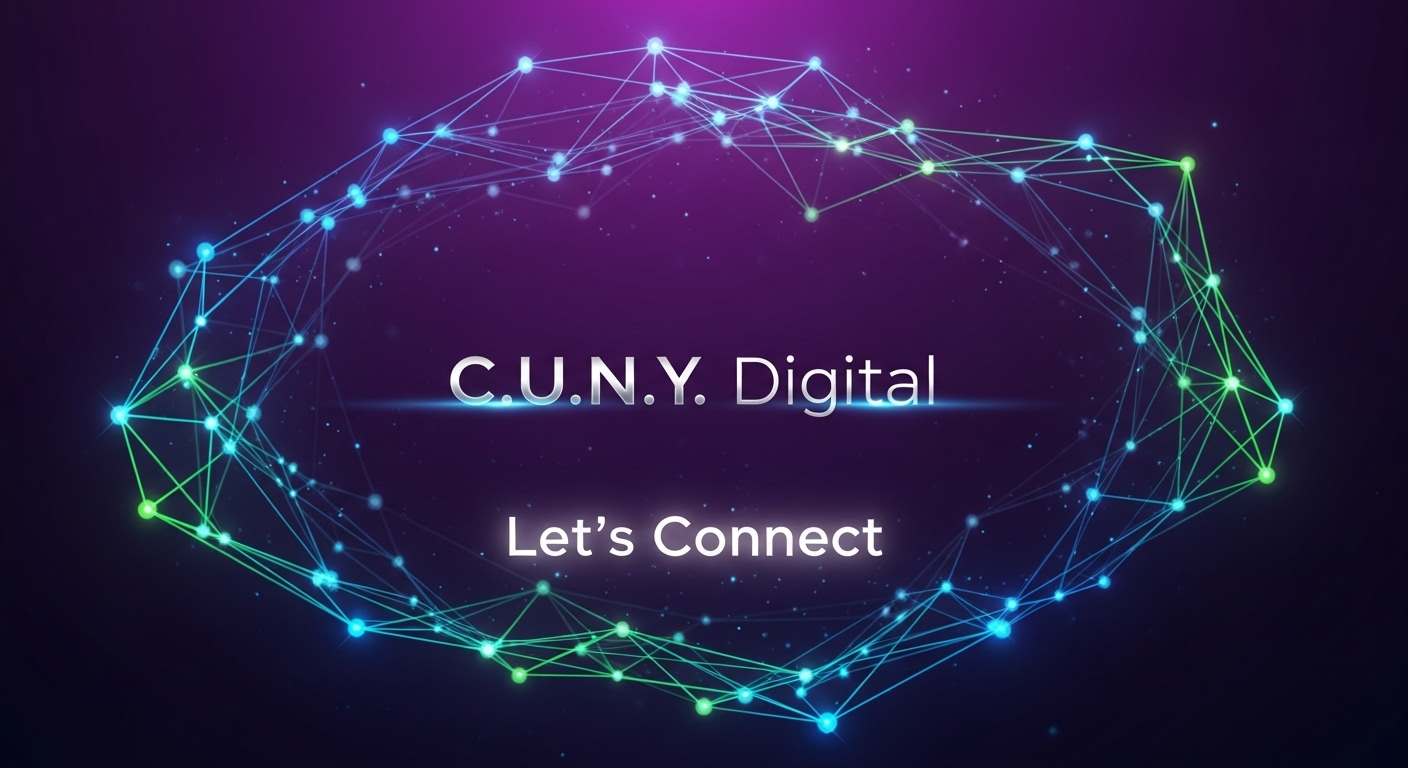 An abstract and futuristic graphic for the C.U.N.Y. Digital contact page. The image features a network of glowing white and indigo lines and nodes, symbolizing connection, technology, and communication. This network is set against a deep purple gradient background consistent with the C.U.N.Y. Digital brand identity. The central text, "Let's Connect," is written in a friendly, elegant white 'Lora' font, clearly stating the purpose of the page and inviting users to get in touch. This alt text is optimized for screen readers and includes keywords like "connect" and "C.U.N.Y. Digital contact" to enhance SEO and user experience.