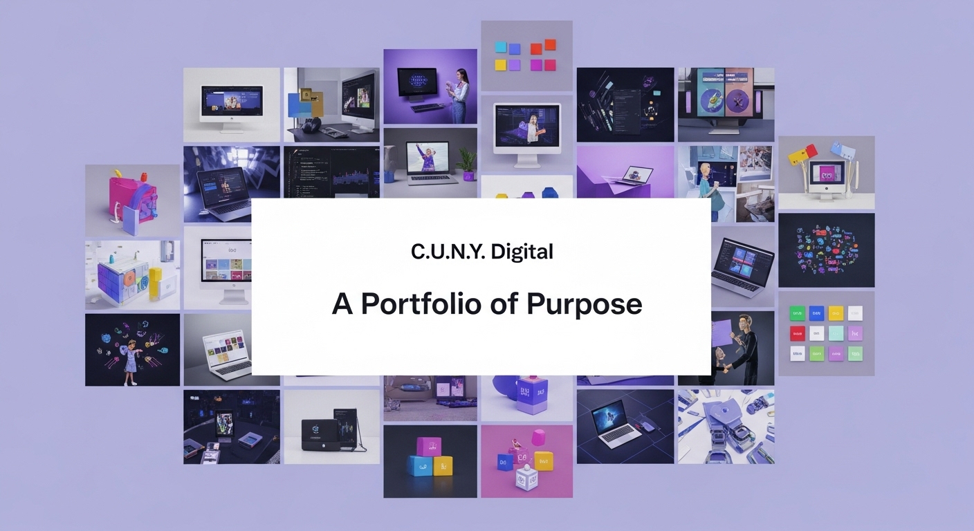 A dynamic portfolio graphic for the C.U.N.Y. Digital "Our Projects" page. The image is a beautifully arranged mosaic of colorful squares and rectangles, each representing a different non-profit project we have completed. The colors are vibrant and align with our brand's secondary palette, symbolizing the diversity of the organizations we serve. A subtle purple overlay unifies the design and ensures the text is readable. The central text, "A Portfolio of Purpose," is written in a clean, white, elegant 'Lora' font. This alt text is optimized for accessibility and includes keywords like "portfolio," "projects," and "non-profit" for improved SEO.