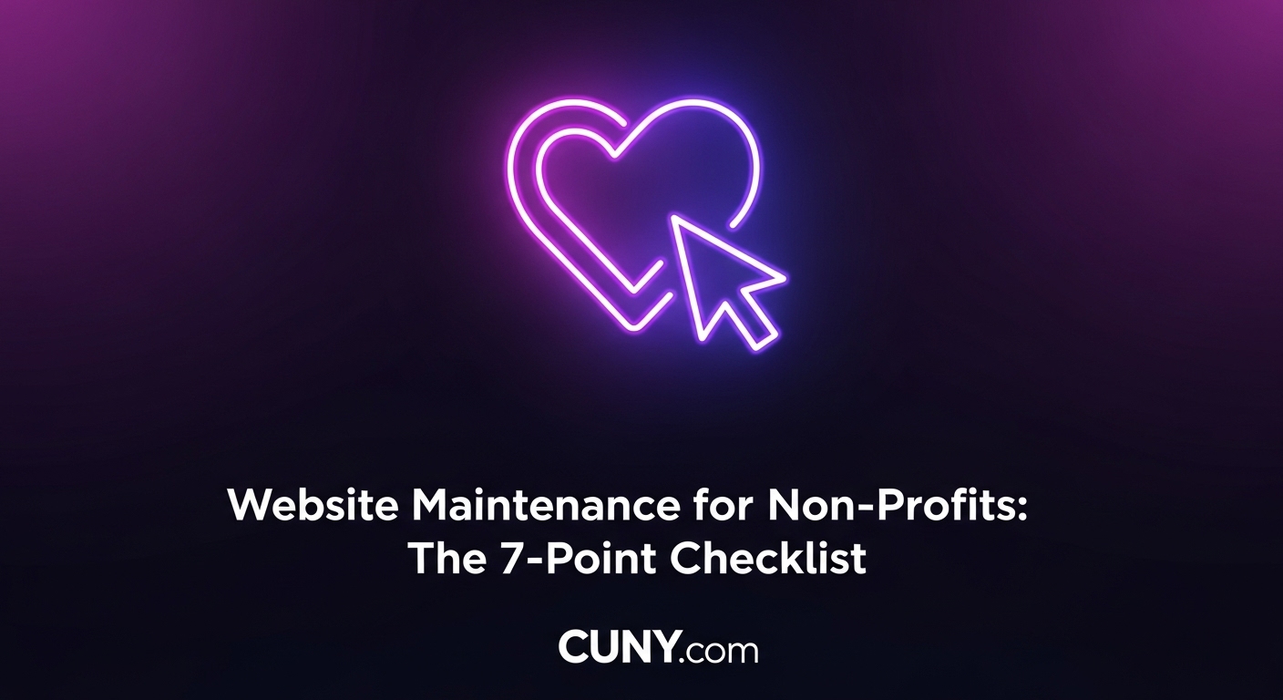 A guide to non-profit website maintenance, showing a checklist with icons for security, updates, and analytics.