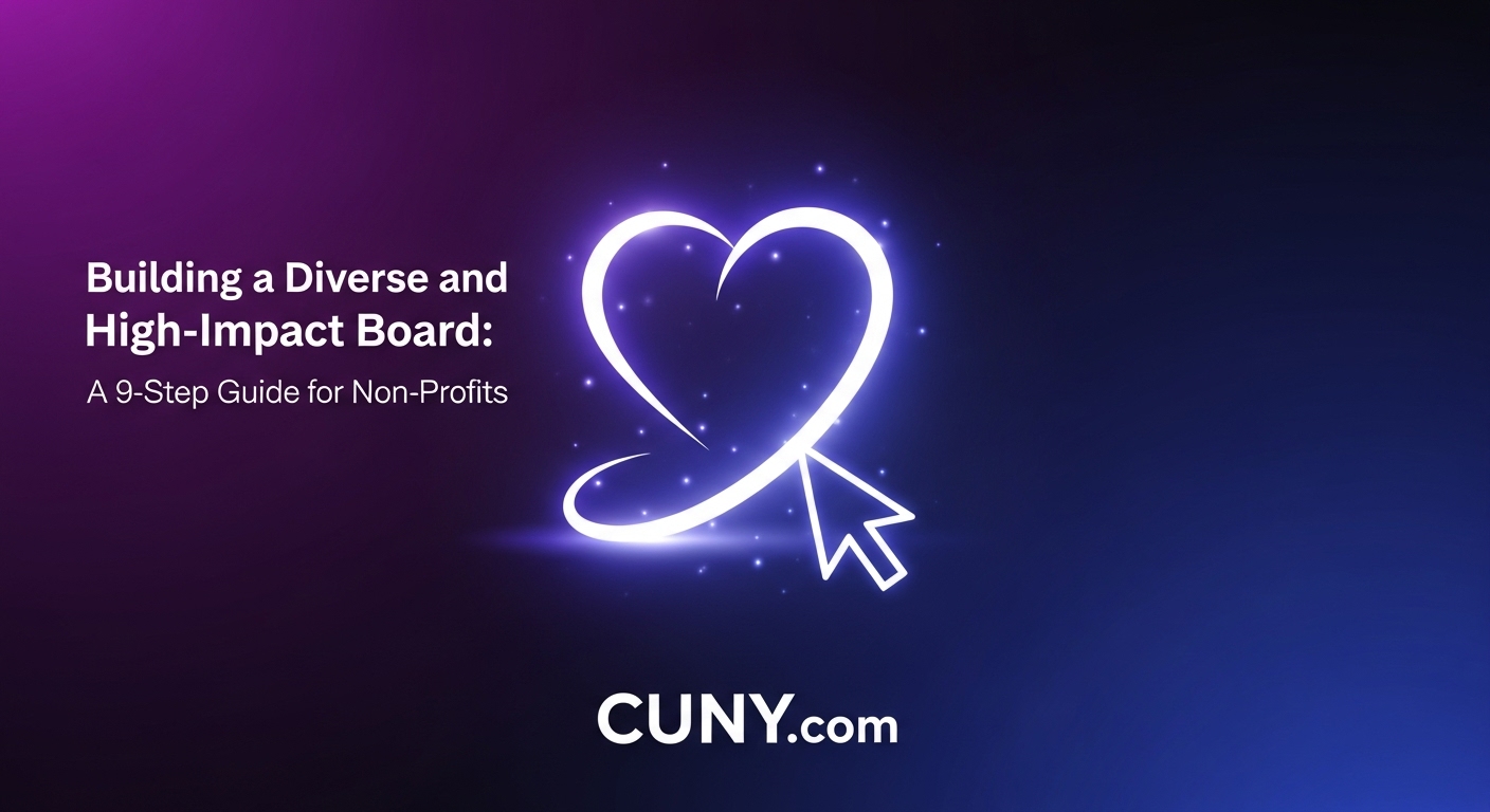 Building a Diverse and High-Impact Board: A 9-Step Guide for Non-Profits, with an icon showing diverse puzzle pieces coming together to form a heart.