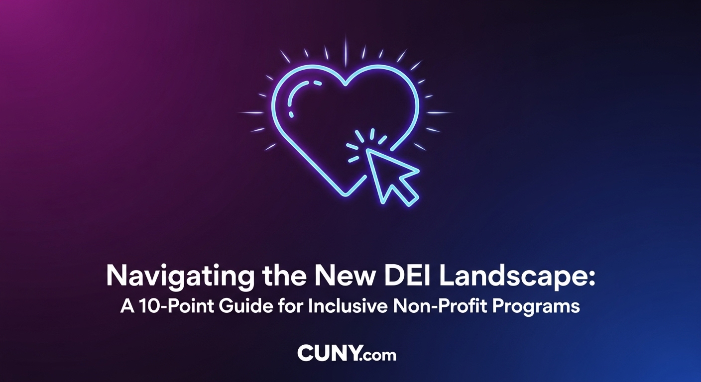 Navigating the New DEI Landscape: A 10-Point Guide for Inclusive Non-Profit Programs, with an icon showing a heart on one side of a scale and a gavel on the other.